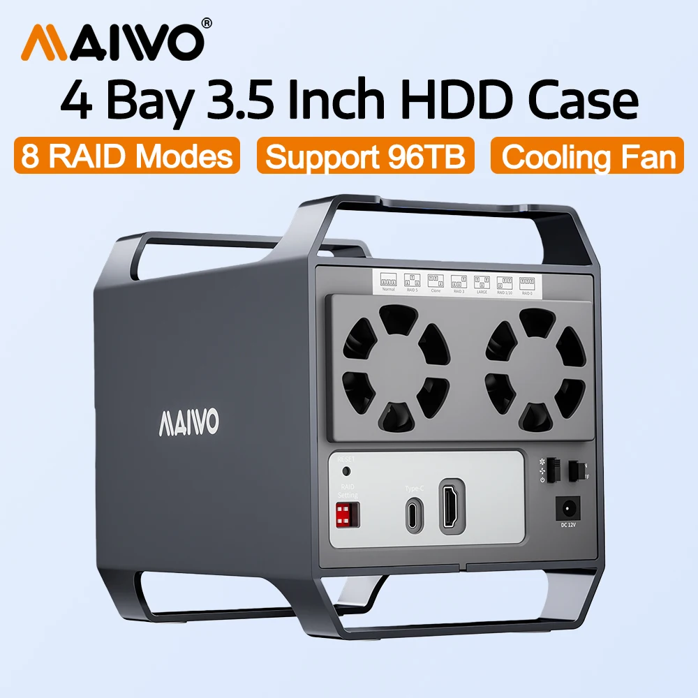 MAIWO 8 RAID 3.5 Inch HDD Enclosure 4 Bay 3.5'' External Hard Drive Case With Cooling Fan Supports Raid Normal 0 3 5 1/10 Clone