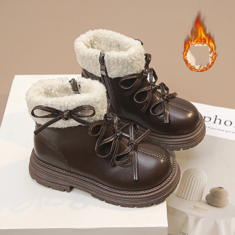

Winter Plush Boots For Children PU Leather Waterproof Teenager Girl's Snow Boots 2025 Vintage Kid's Cotton Shoes Velvet Boots