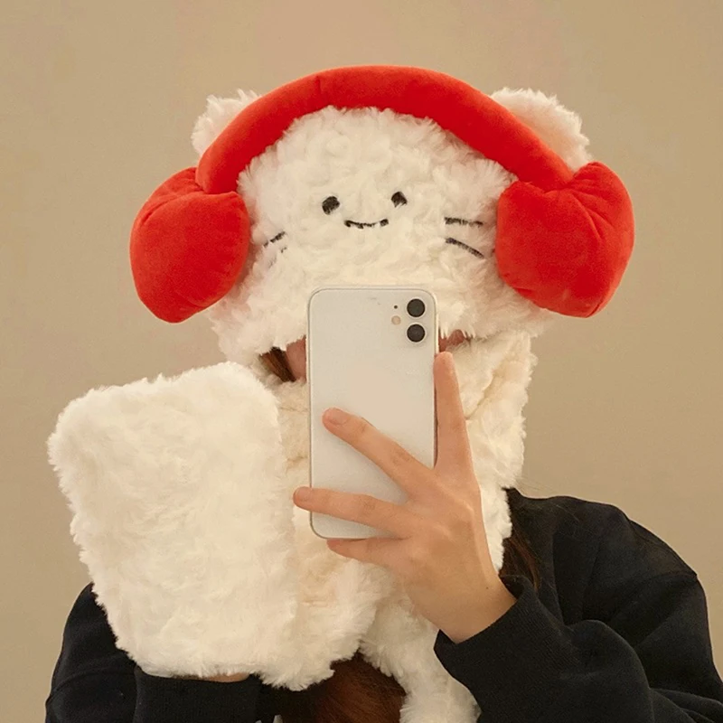 Cute Headphones Cat Hat Plush Soft Scarf Hat Anime Winter Windproof Warm Three-dimensional Scarf Set Girls Winter Hat Gift