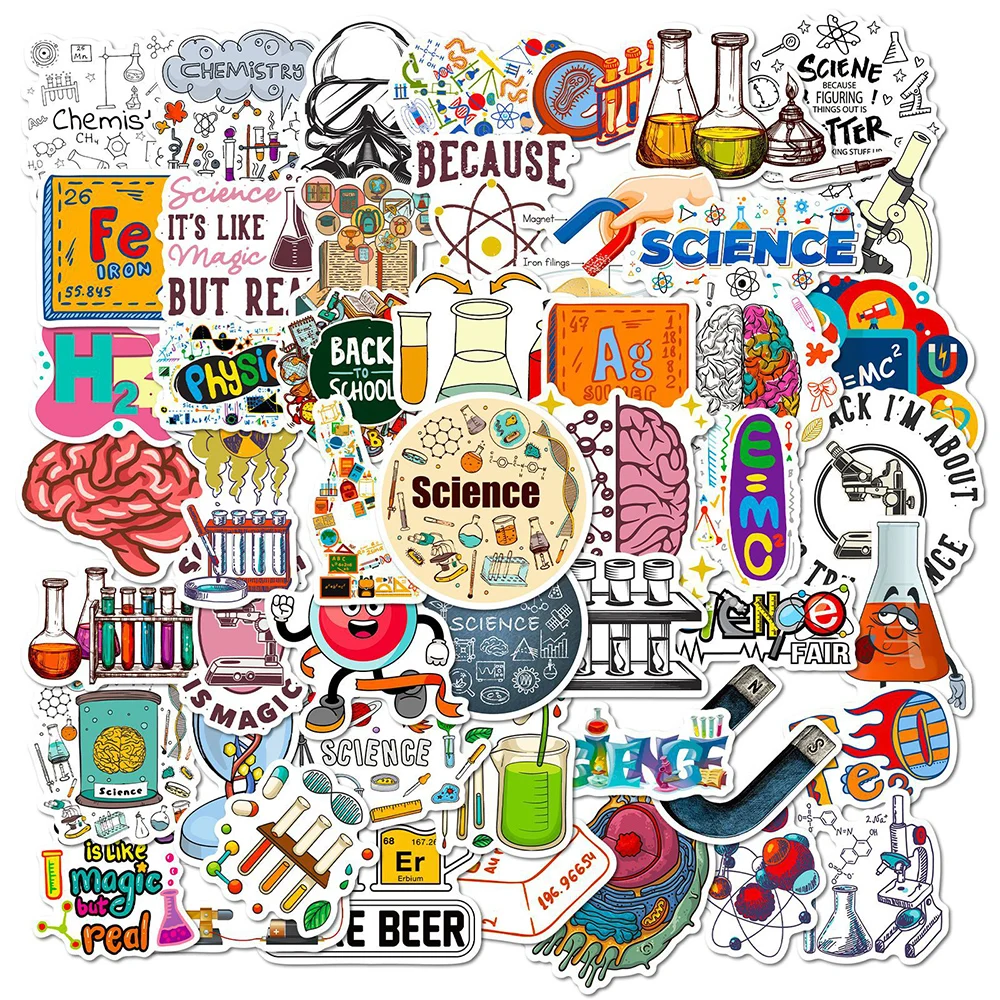 Ciência experimento desenhos animados adesivos, 10/30/50/100pcs, ciência, química, para notebook, telefone, laptop, guitarra, carro, decoração,
