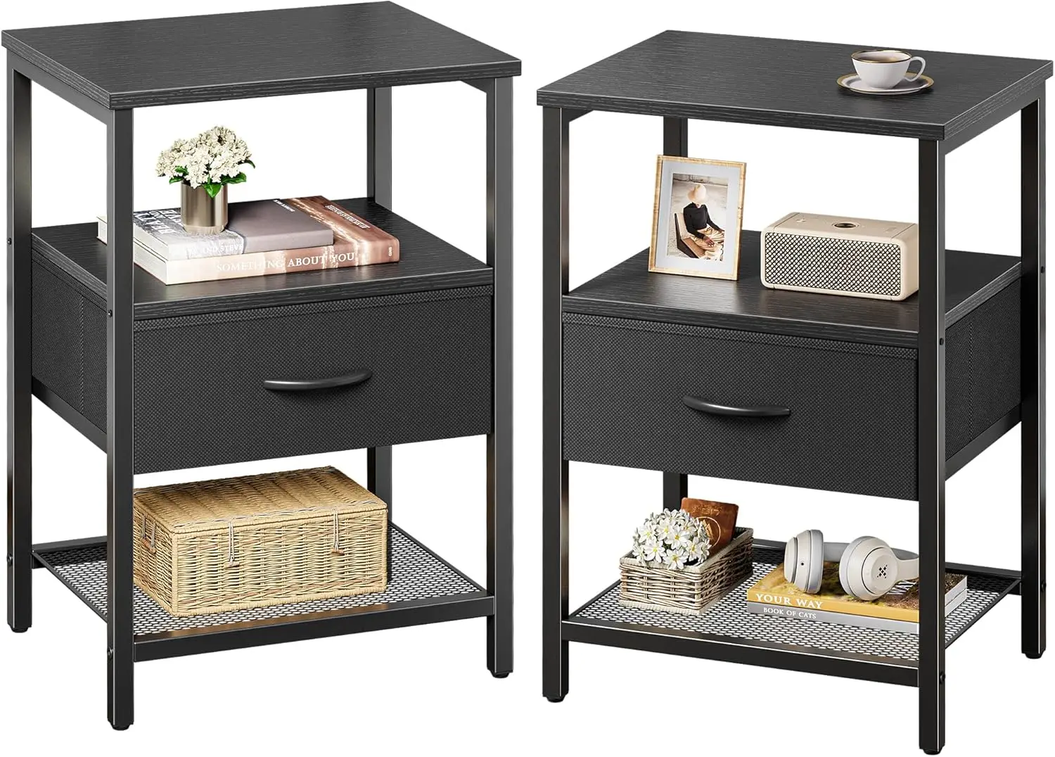 

2-Piece Nightstand Set with Fabric Drawer, Mesh Shelf, Metal Frame - Black for Bedroom Storage