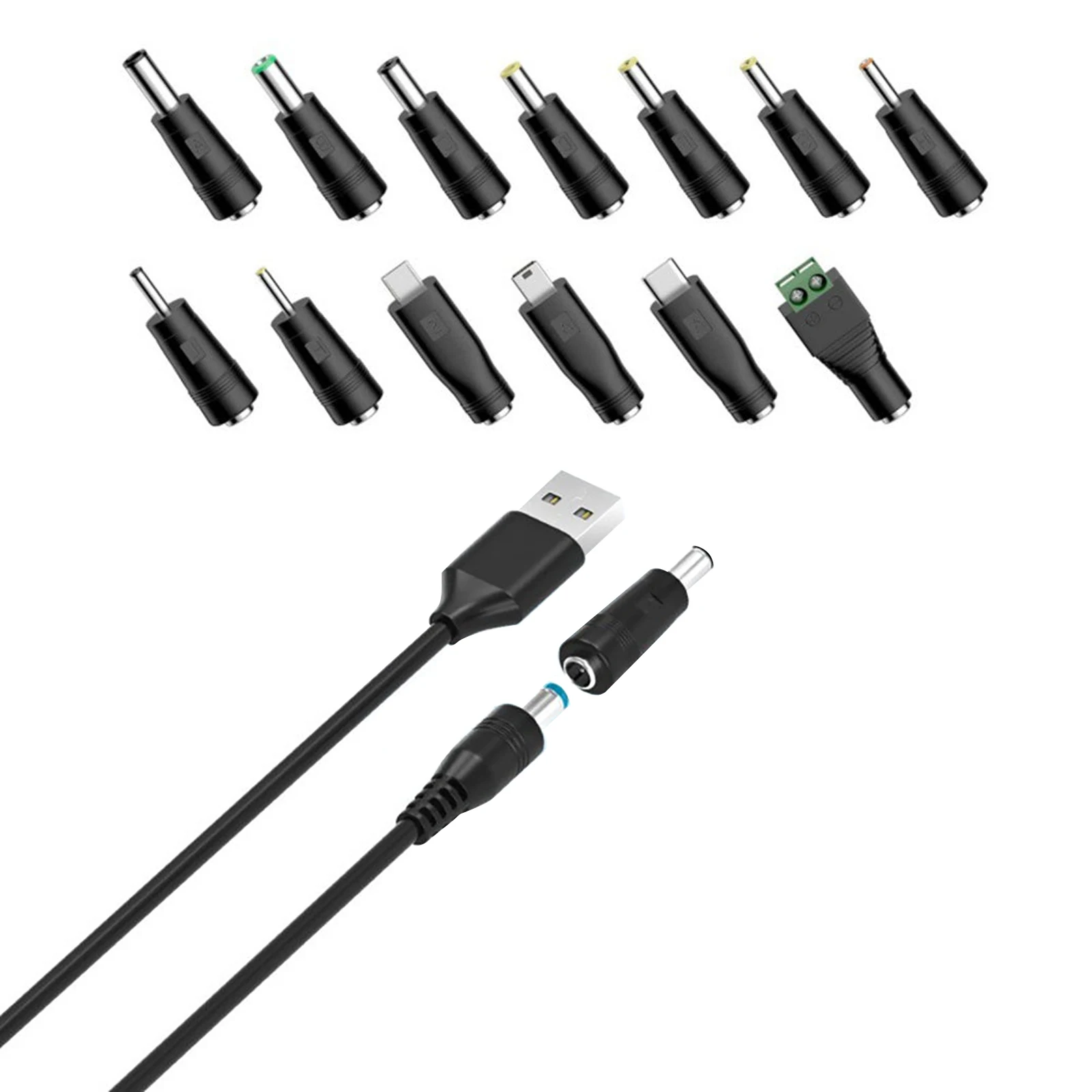 Universal USB 1.5M Cable USB to DC 5.5x2.1 Jack Plug Power Charging Cable w/13pcs Extra DC Plug Adapters for 5V Electric Devices