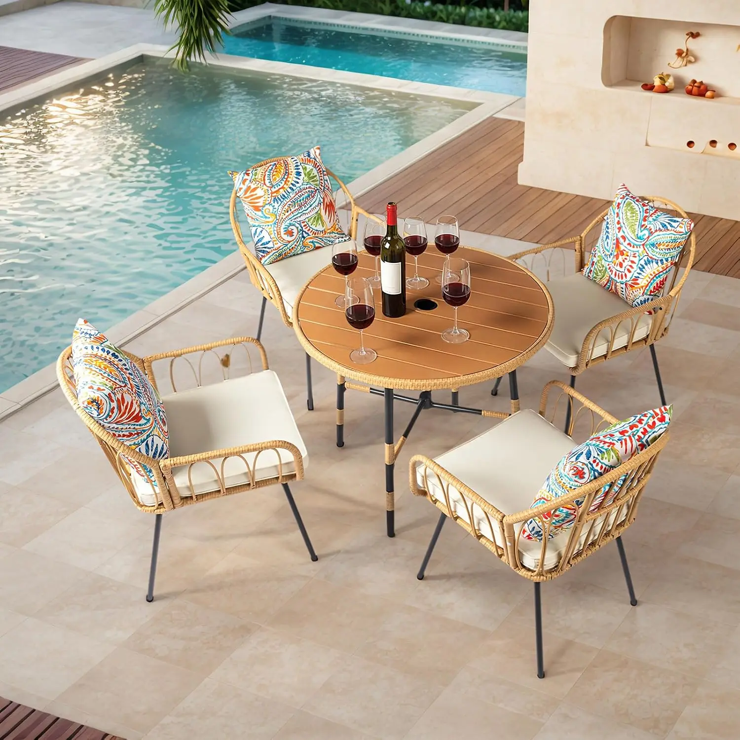 

5-Piece Patio Dining Set Rattan Table & Chairs w/ Umbrella Hole for 4 Outdoor Backyard Garden, Customized