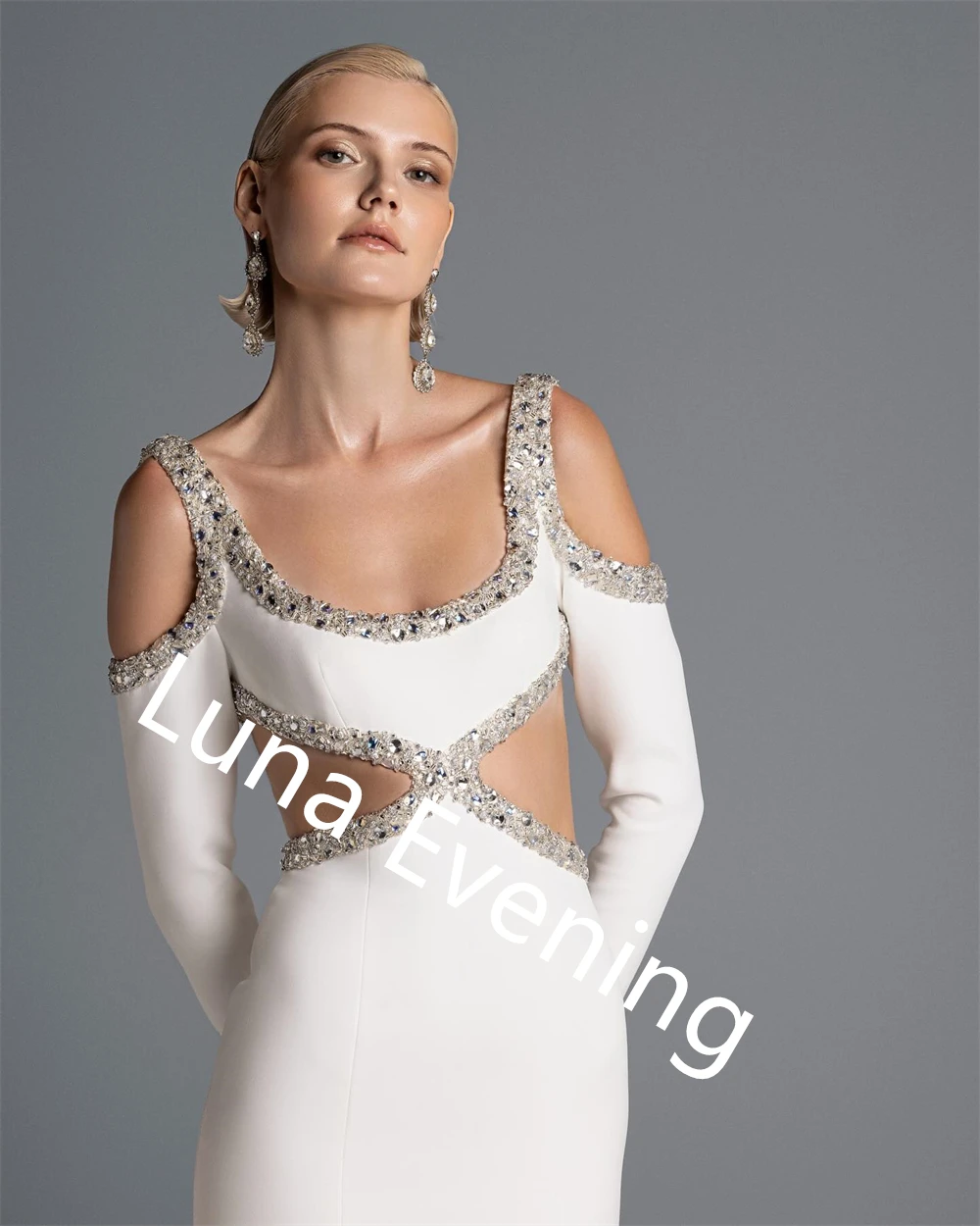 Robe de soirée en Jersey blanc délicat, personnalisée, col carré, bretelles Spaghetti, manches longues, robes de célébrité sirène, cri