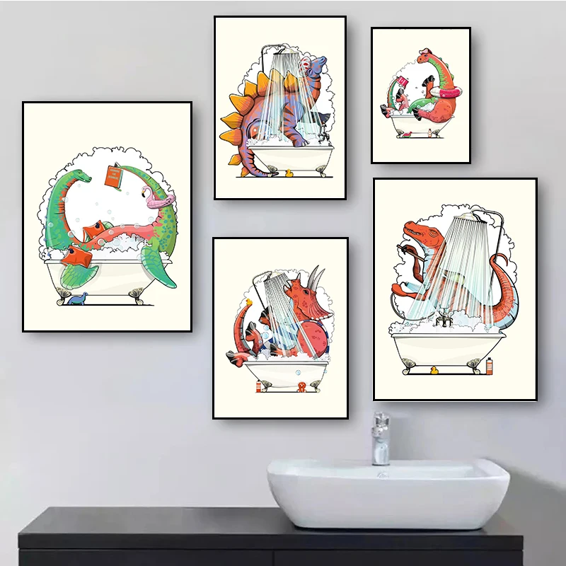 Funny Cute Jurassic Jungle Animal Poster Dinosaur Pterosaur In The Bath Canvas Painting Toilet Bathroom Wall Art Decor Picture