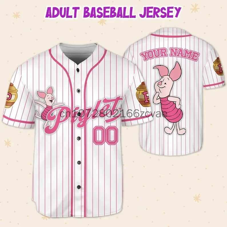 New Custom Disney Winnie the Pooh Piglet Baseball Jersey Streetwear Fashion Summer Men's Women's Short Sleeved Baseball Shirt