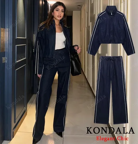 KONDALA, conjunto vaquero de calle alta para mujer, chaqueta con cremallera y cuello levantado a rayas laterales, pantalón con cordones, conjunto informal para mujer de Otoño e Invierno 2025