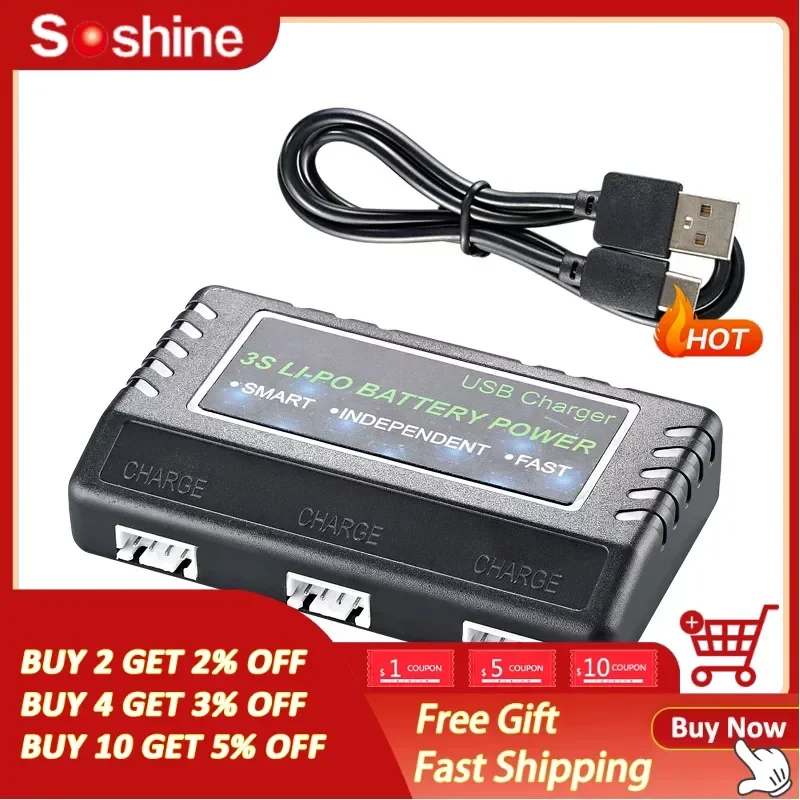 11.1V Balance Charger One Charge Three Charging Box Aircraft Model Car Model Gun Model 3S Lithium Battery Fully Charged Turn Lig