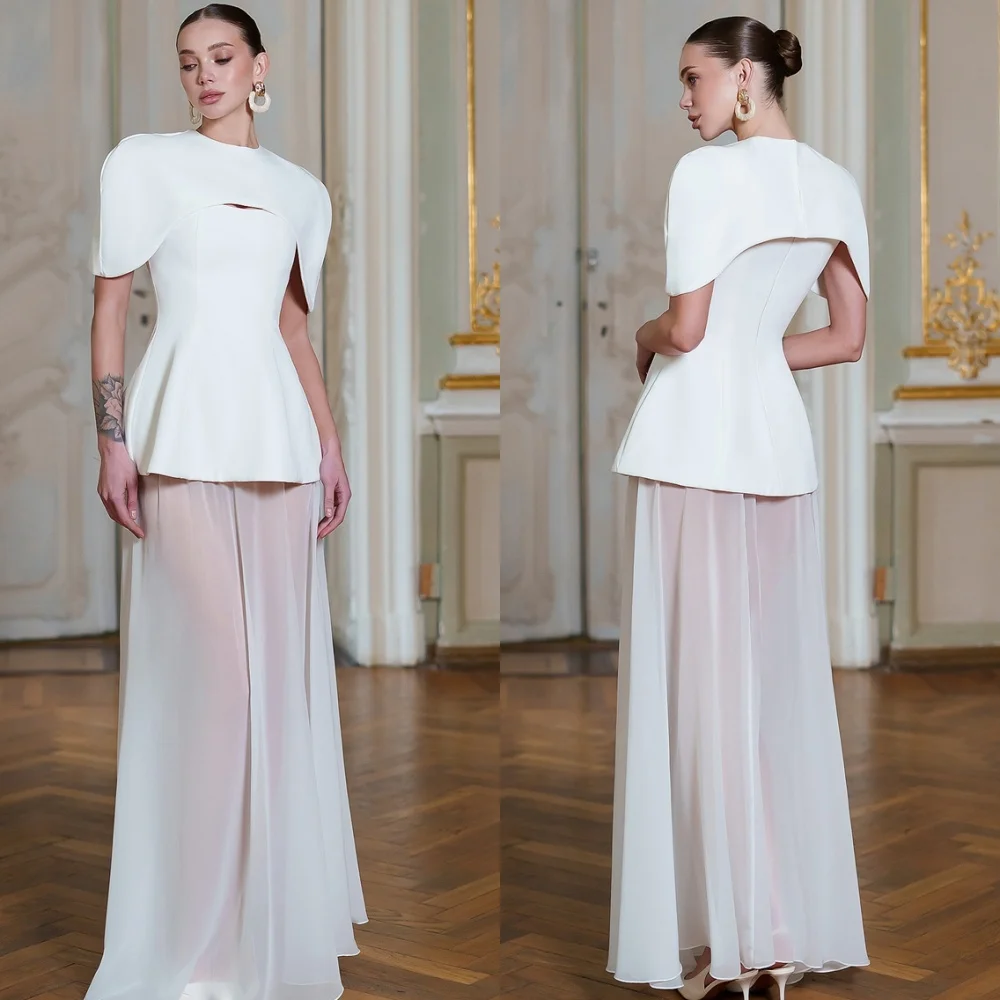 

Customized Charming White Chiffon Evening Dress Exquisite Crew Neck Short Sleeves Celebrity Gowns Modern Vestido De Festa