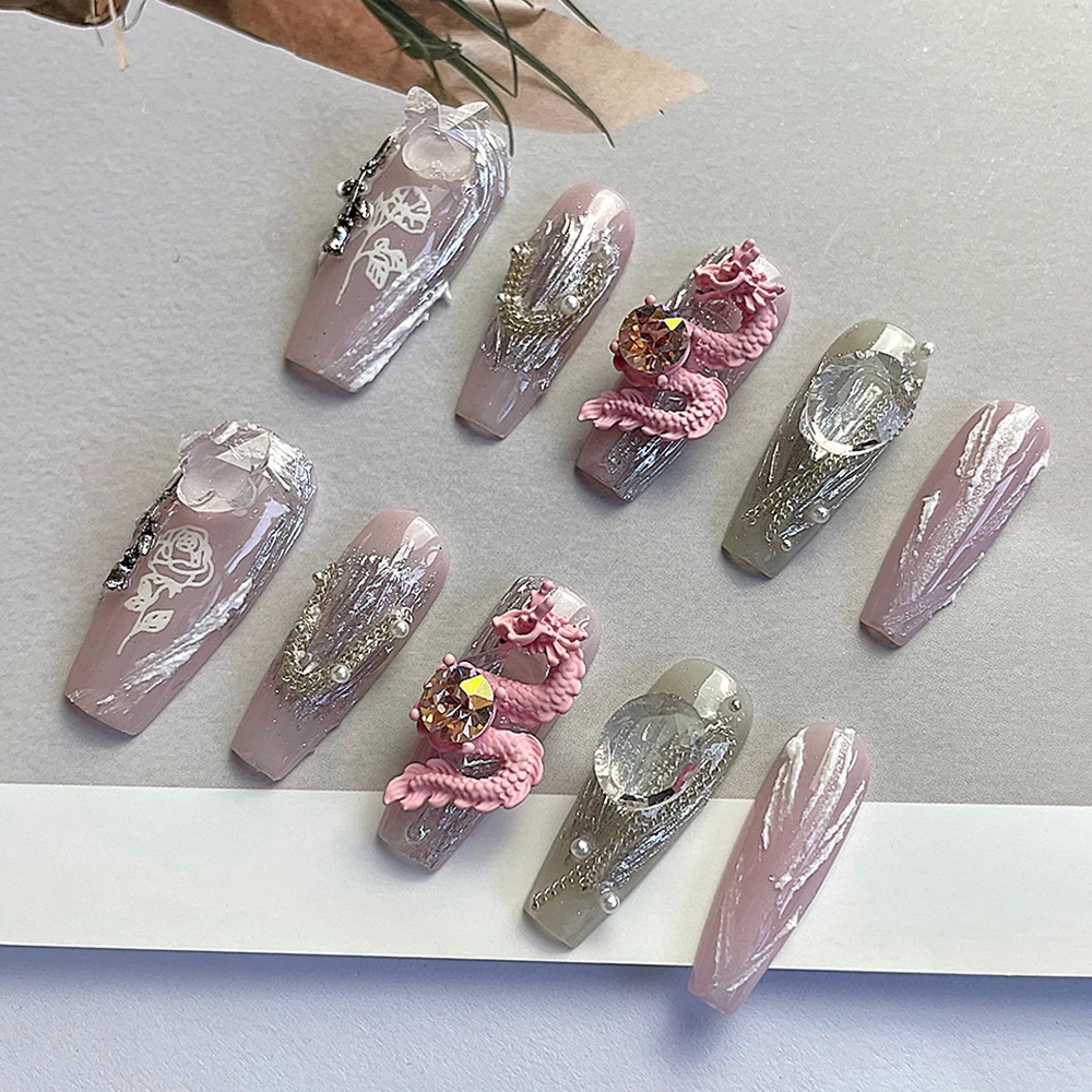 

Y2K Pink Cool Handmade Nail Long Coffin Press On Nails 3D Dragon Zircon Metal Chain Pearl Reusable Nail Pink Crystal Ring Set