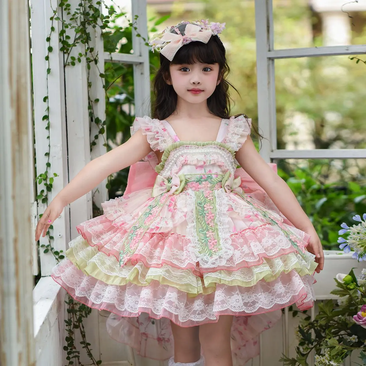 Baby Girl Summer Shiny Pink Sweet Lolita Lace Princess Gauze Ball Gown Floral Lace Dress Birthday Party Eid Childen Clothing