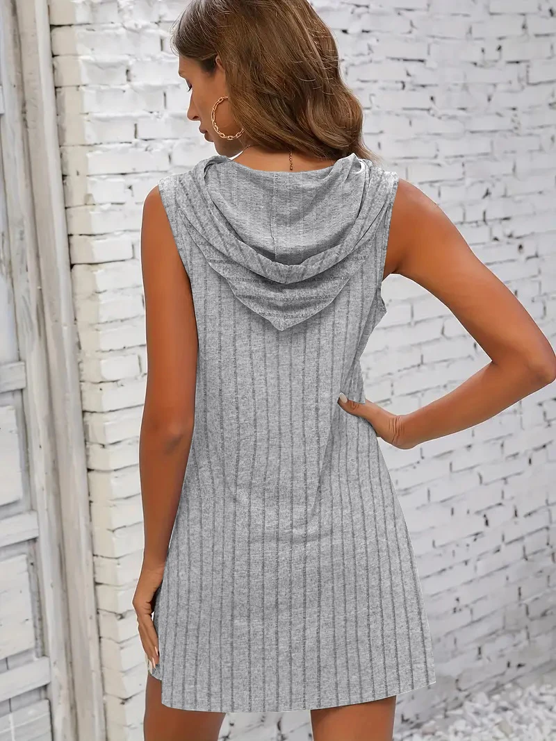 Hooded Sleeveless Dress Short Skirt Drawstring Casual Summer Sweater Dress