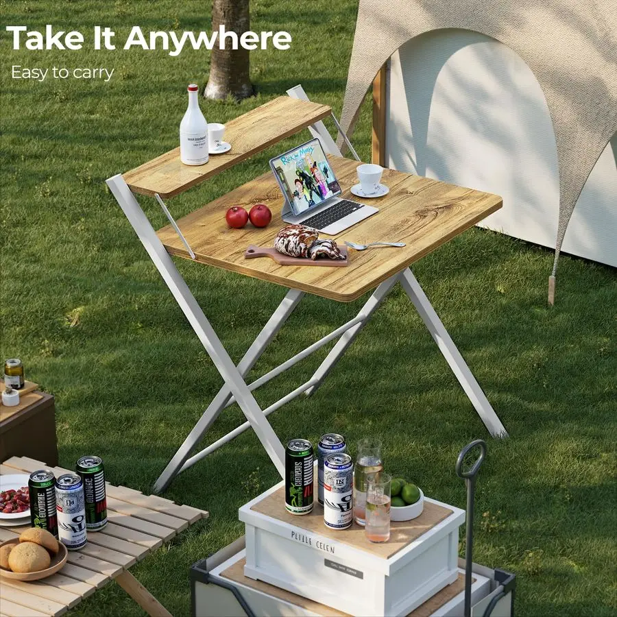 مكتب صغير محمول بدون تجميع، مكتب كمبيوتر مدمج من طبقتين مع رف، طاولة قابلة للطي موفرة للمساحة للمكتب المنزلي أو غرفة النوم أو