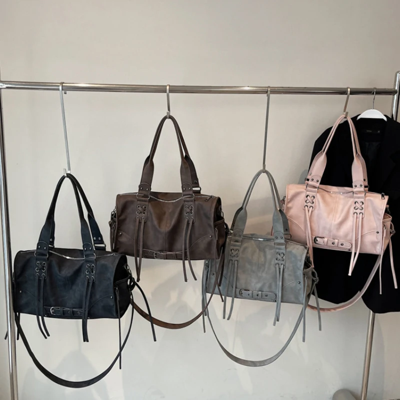 

Tassel Design Pillow Shoulder Bag Trendy Large Capacity Soft Underarm Bag Retro Motorcycle Handbag Women Horizontal Tote Storage