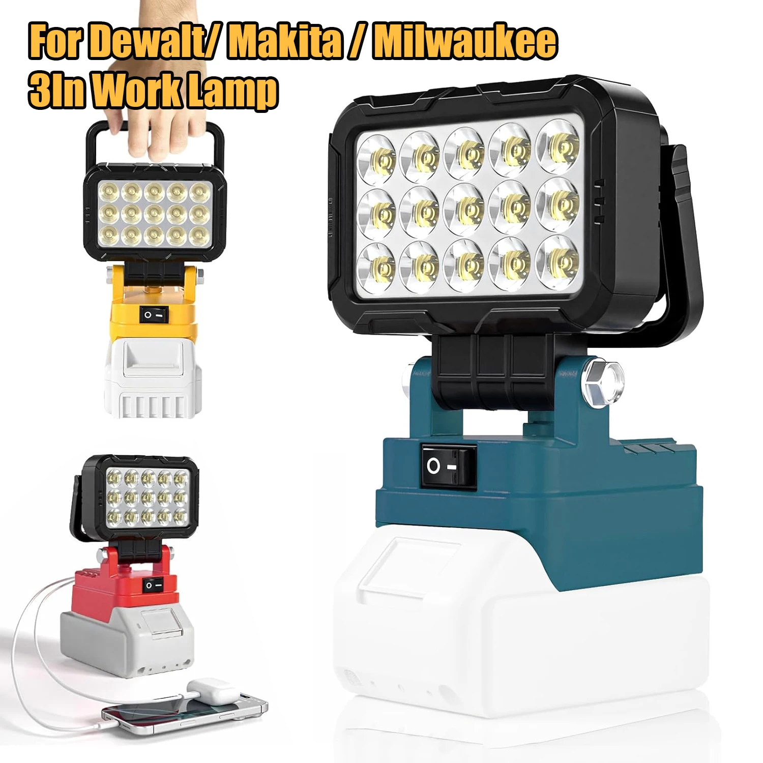 

For Dewalt/Makita/Milwaukee Battery Portable LED Work Light With USB Port 3'' Flashlight Flood Lights Cordless Outdoor Tool Lamp