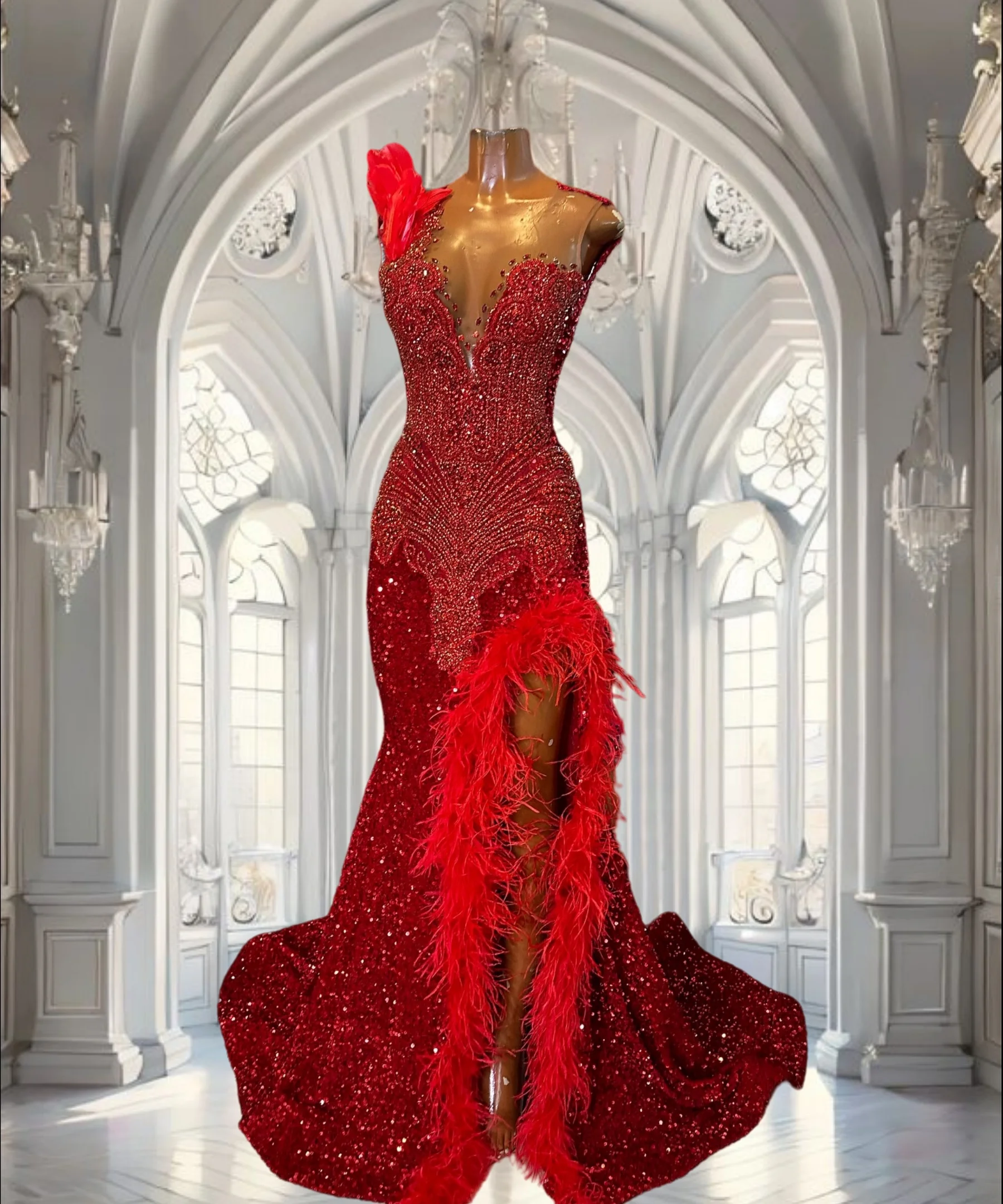 Red Crystal Mermaid Prom Dresses Long for Women 2025 with Slit Feather Formal Party Evening Gowns Customized