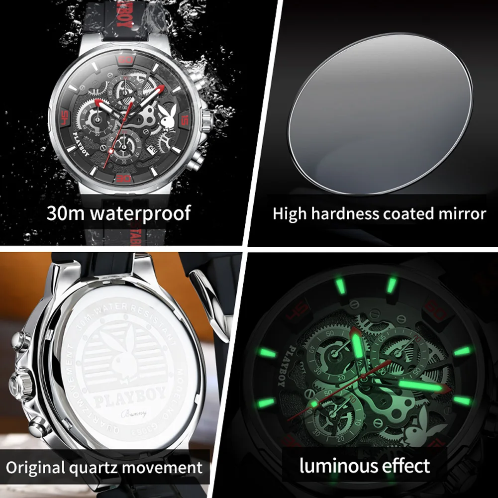 PLAYBOY Casual Quartz Men\'s Wristwatch Luxury Sports Luminous Waterproof Watch for Men Fashion High-end Silicone Strap Man Watch