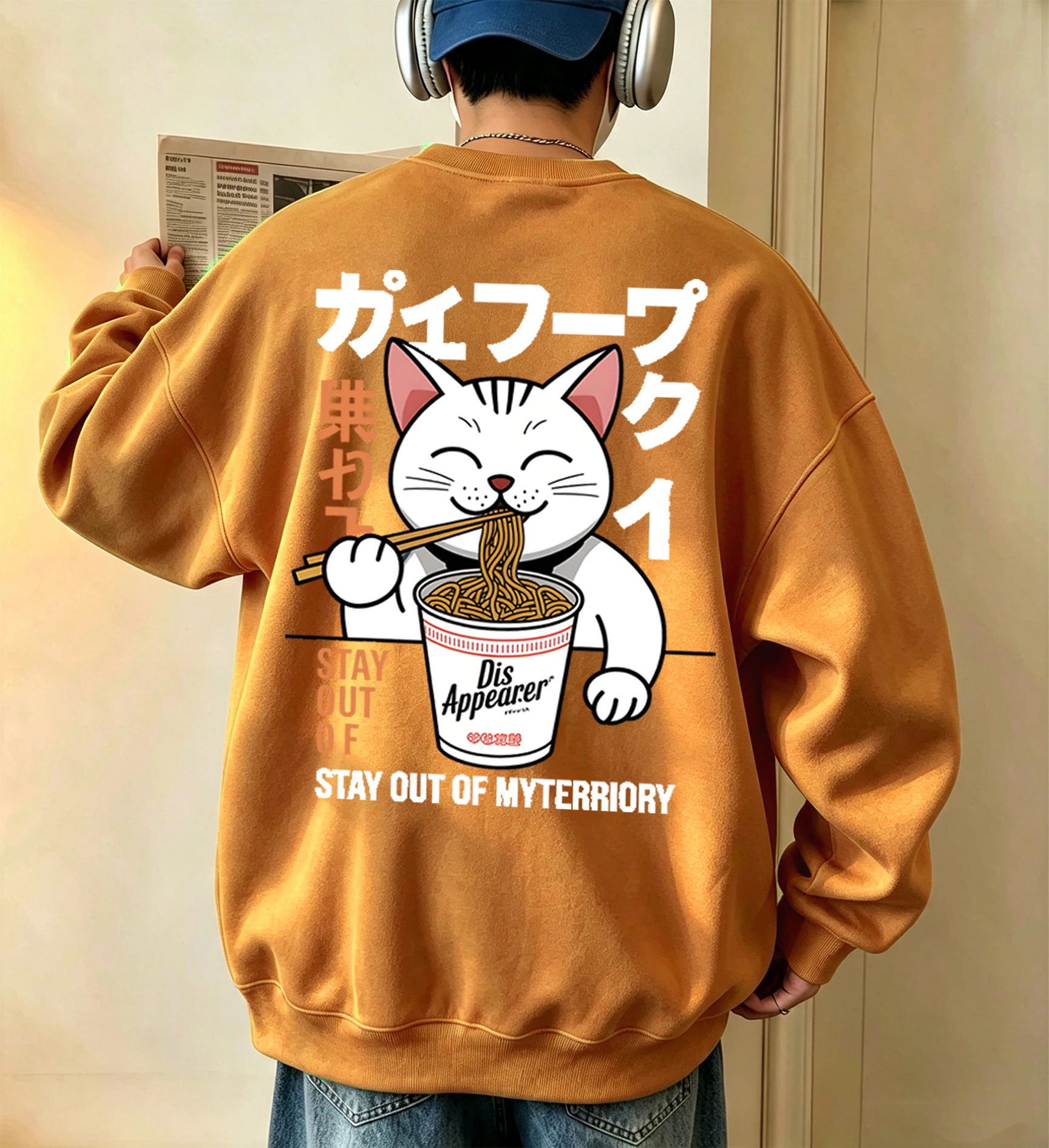 Katze, die gerne Cup Noodles isst, Muster Herren Sweatshirt O-Ausschnitt Pullover Herbst Mehrfarbig Streetwear Fleece Unisex Langarm