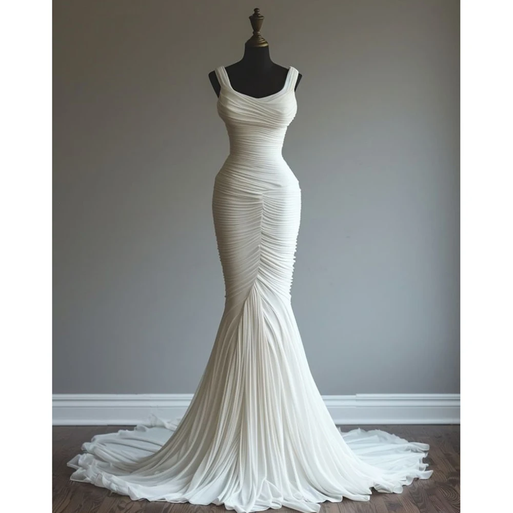 Ivory Ruched Dinner Party Mermaid Prom Dress - Sleeveless Square Neck Fitted Maxi Gown with Sweep Train 2026