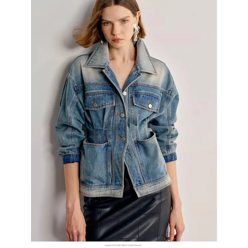 

Washed Lapel Retro Denim Spring Autumn Coat New Top Loose Casual