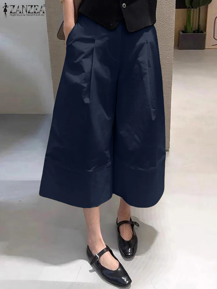 ZANZEA Women Casual Calf-Length Pants Elastic Back Waist Solid Color Wide-Leg Cropped Pant Loose Cozy Woman Bottoms Fall 2025 - Image 3