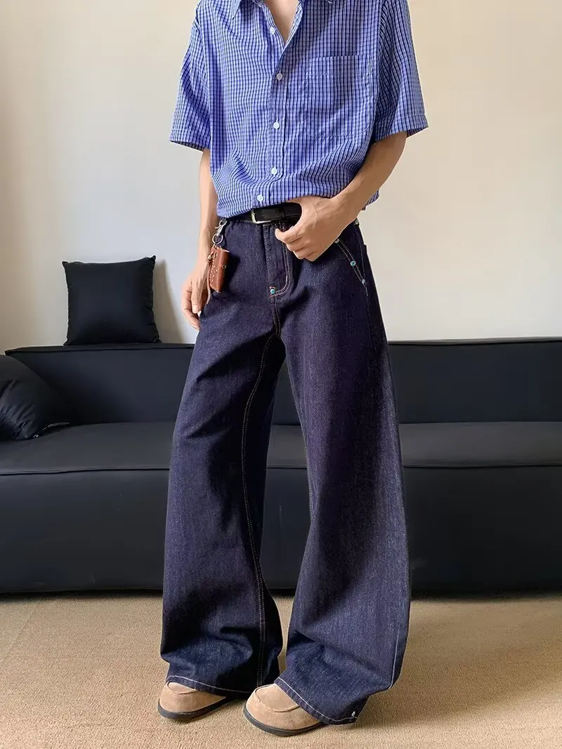 Calças Jeans Vintage Slim de Perna Reta SANYI para Homens e Mulheres, Calças de Perna Larga Versáteis de Cintura Alta com Fec...
