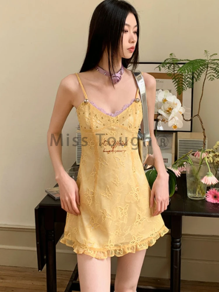 Summer Sexy Slim V Neck Sling Dress Women Vintage Chic Lace Ruffle Embroidery Dresses Female France Thin Off Shoulder Clothing