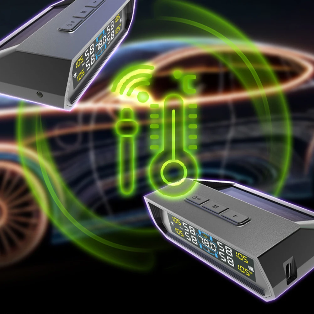 

Solar/USB Powered Tire Pressure Monitoring System LCD Display Wireless TPMS IPX7 Waterproof for RVs Trailers Cars
