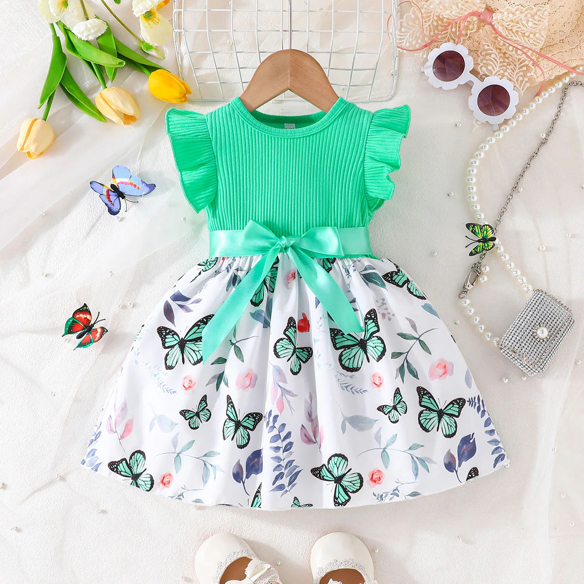 Dress For Kids 6-36 Months Cotton Ruffle Sleeve Cute Butterfly Floral Summer Princess Formal Dresses For Newborn Baby Girl