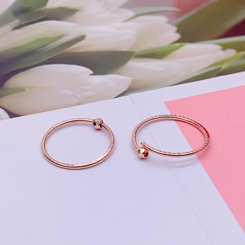 Real Pure 18K Rose Gold Hoop Women Best Gift Lucky Carved Twill Bead Circle Earrings