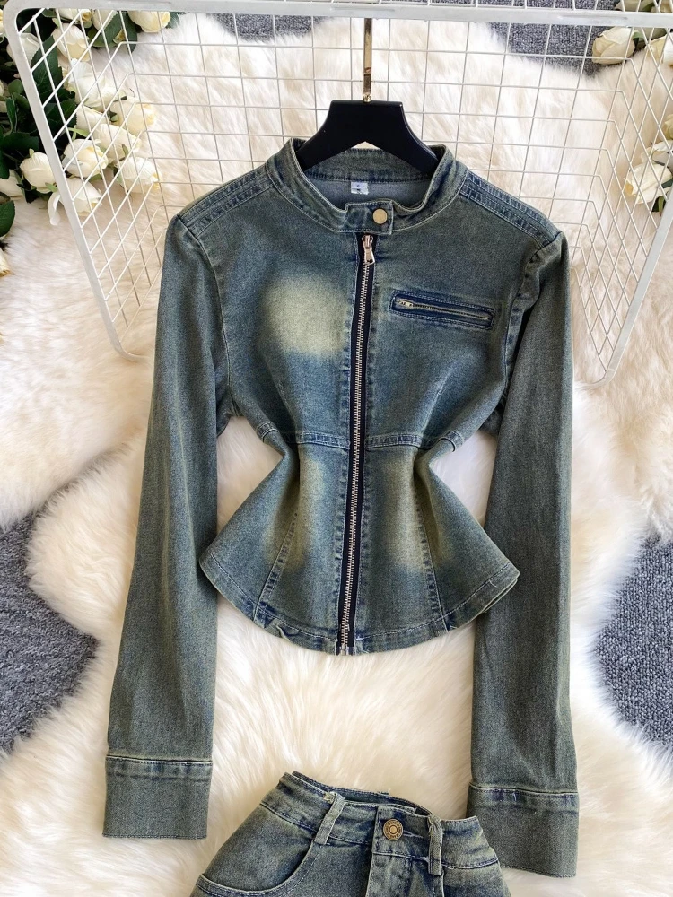 Vintage denim two-piece set women's zipper slim fit long sleeved jacket+high waisted A-line short skirt slimming commute set