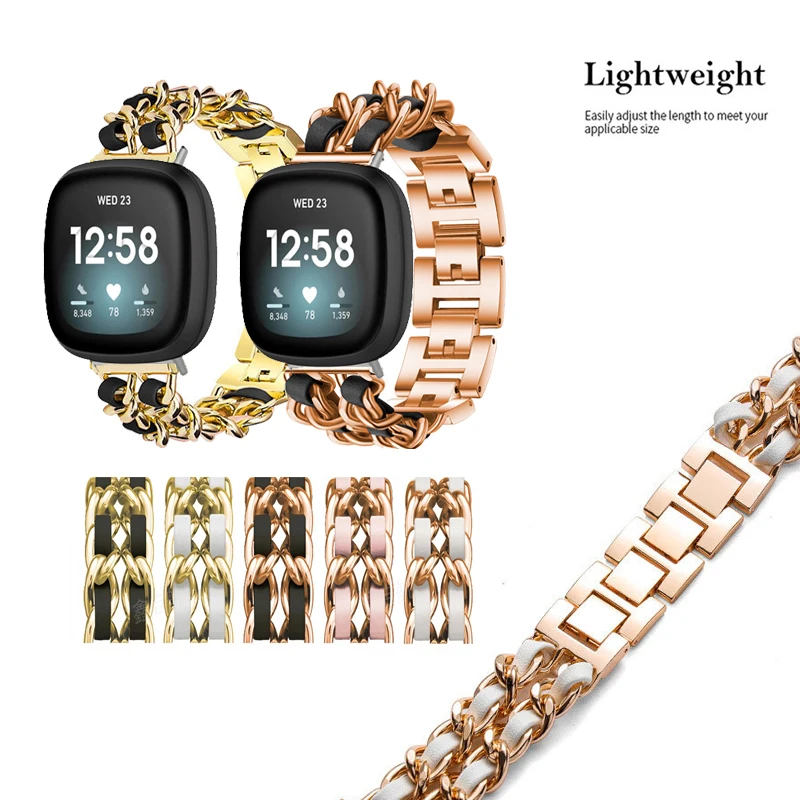 Strap+Connector Metal Chain Band For Fitbit Versa 4 3 / Sense 2 1 Fashion Leather Bracelet