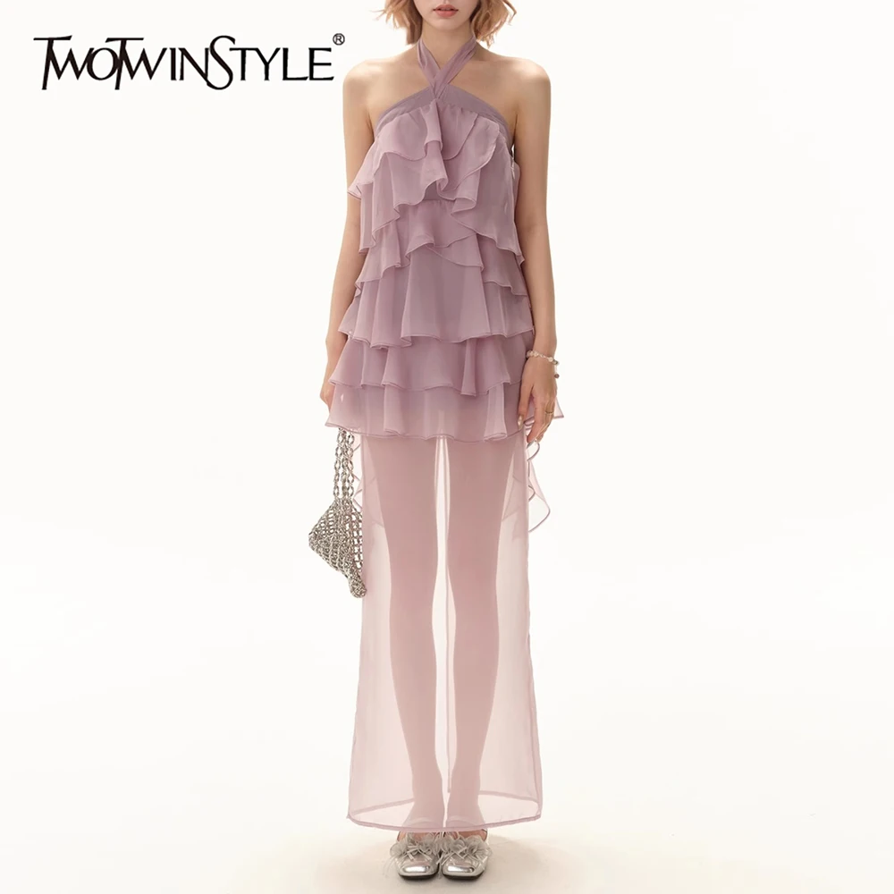TWOTWINSTYLE Loose Sheer Spliced Ruffles Folds Elegant Dresses for Women Halter Neck Sleeveless Backless Dress Female Clothing