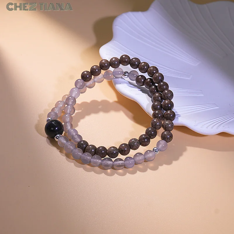 Pulsera de ágata gris de sándalo dorado de doble círculo, cuentas de obsidiana de plata natural, regalos de cristal natural, pulsera para hombres y mujeres