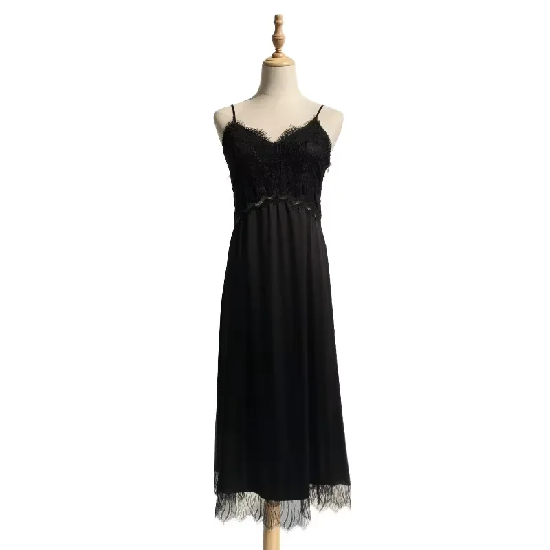 French Sand-Washed 100% Mulberry Silk Slip Dress Elegant Lace Long Dresses Midi Dress Women's Sexy V Neck Casual Loose Gowns