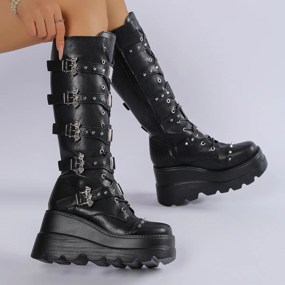 

Punk Style Women's Boots Fashion Belt Buckle Designer Women Boots High Quality Leather Boot Women's Knee-high Boots Knight Boot