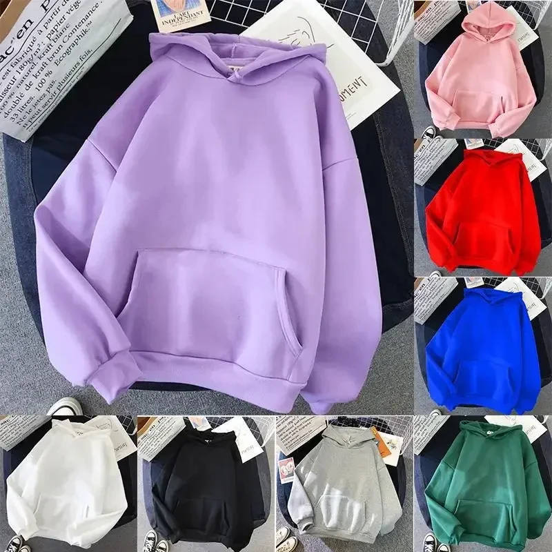 2025Autumn Casual Women's Solid Hoodie Comfortable Strecth Sweatshirts Loose Pocket Warm Clothes Fashion Street Female Pullovers