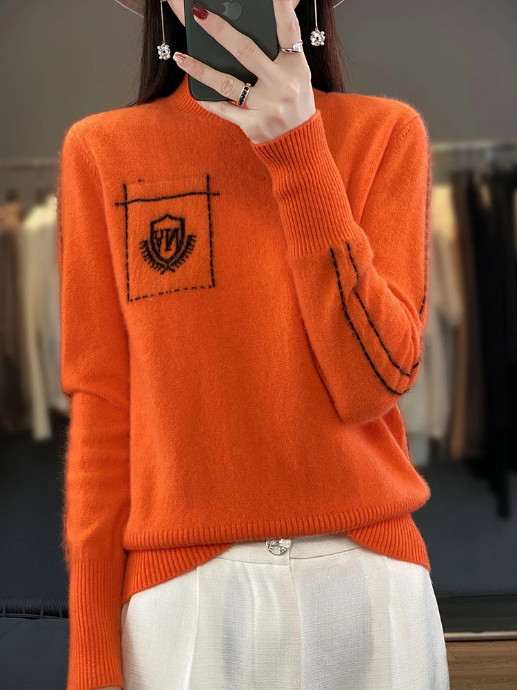 Fashion Autumn Winter Women's 100% Pure Merino Wool Sweater Half-high Collar Pullover Basis Casual Cashmere Female Clothing Tops