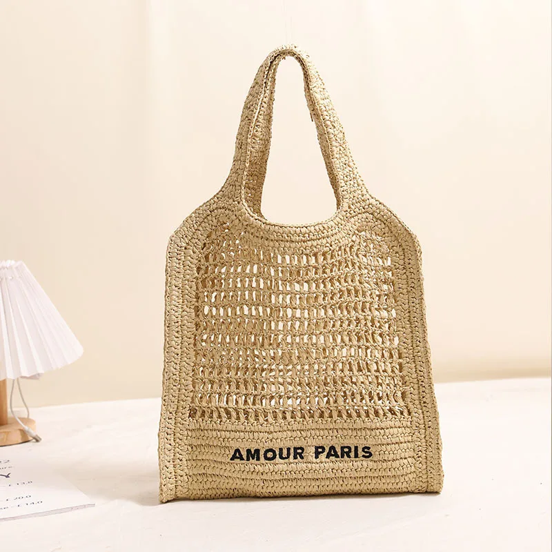 

Fashion Large Capacity Letter Embroidery Straw Tote Bag Hollow Paper Woven Women Shoulder Bags Casual Summer Beach Handbags 2025