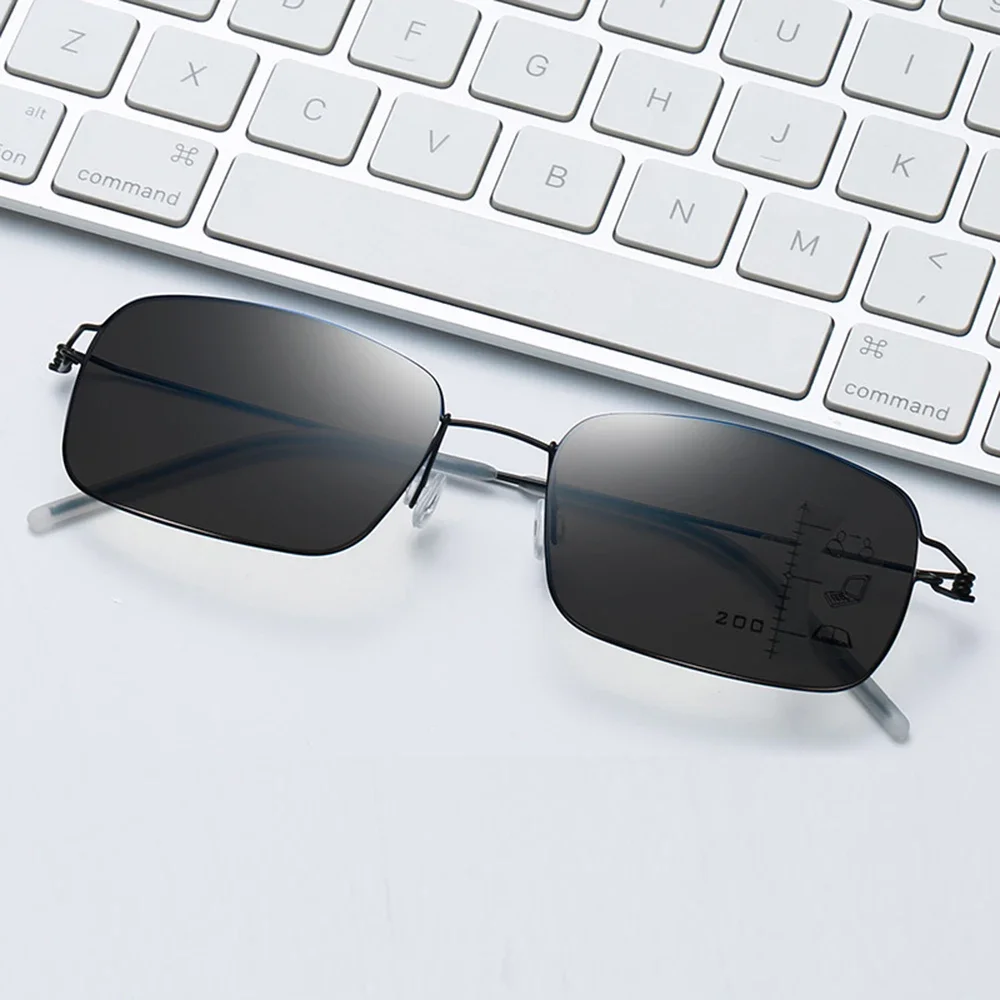 Titanium Alloy No Screws Rectangle Handcrafted Photochromic Progressive Reading Sunglasses +0.75 To +4 See Near and Far