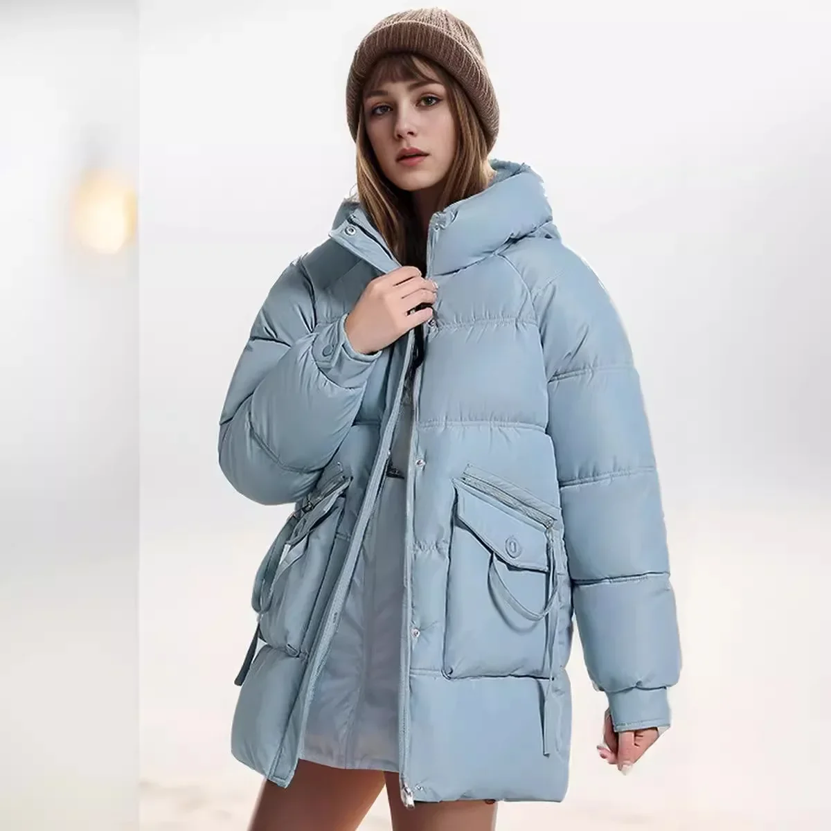 2024 New Women's Winter Puffer Down Cotton Jacket Solid Color Padded Jacket Long Hooded Stylish Pockets Loose Padded Warm Coat