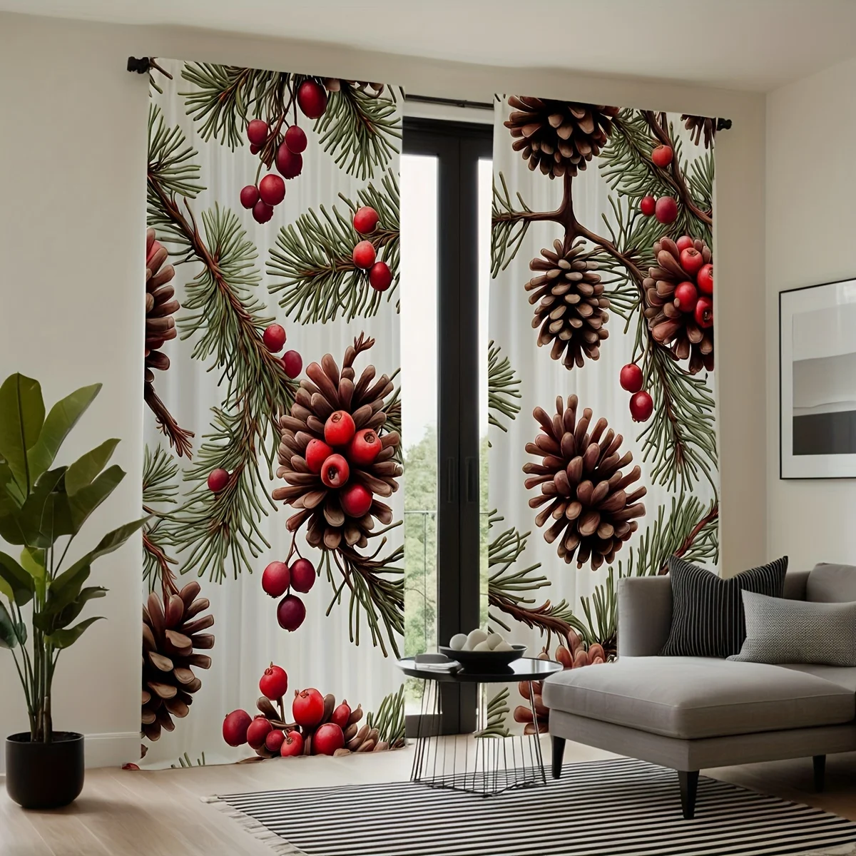 Festive Christmas Pinecones and Berries Curtain Set: 2pcs, 20.47 x 51.97inch, Contemporary Style, Machine Washable, Printed, Sem