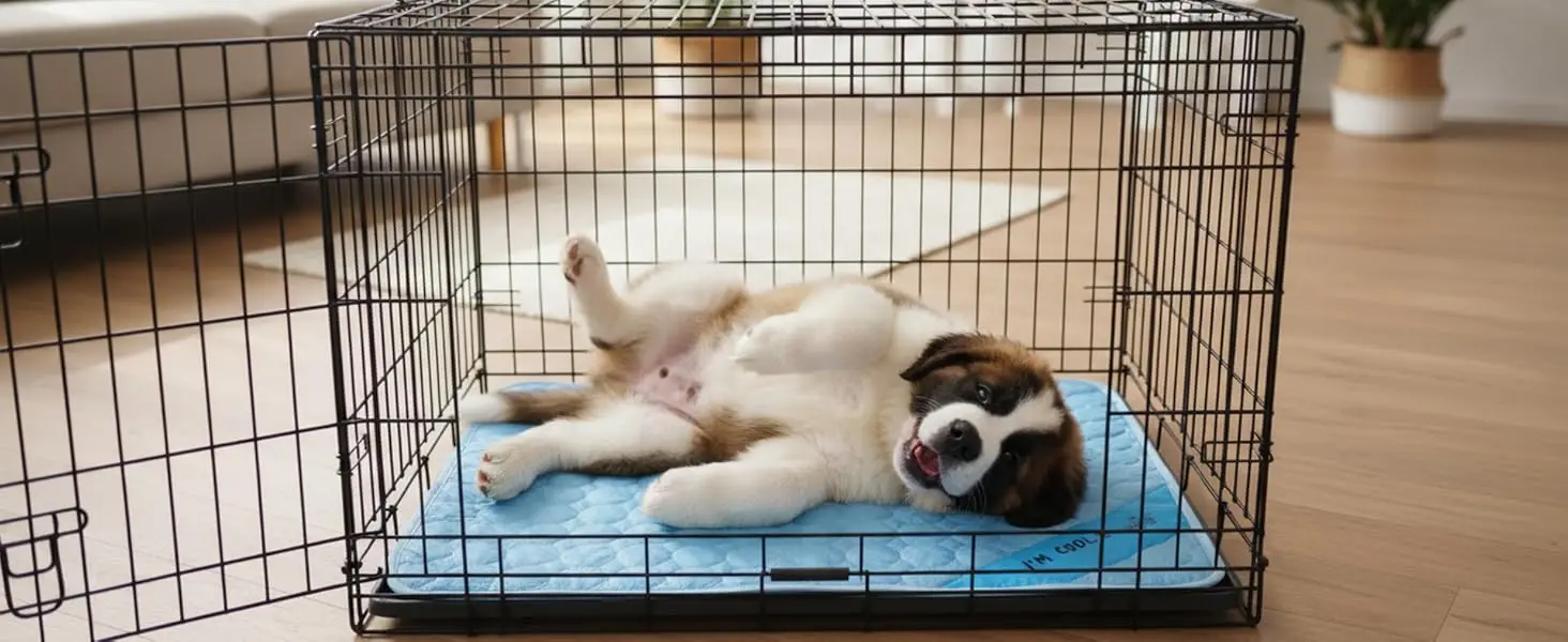puppy dog lying on a cooling mat in a crate