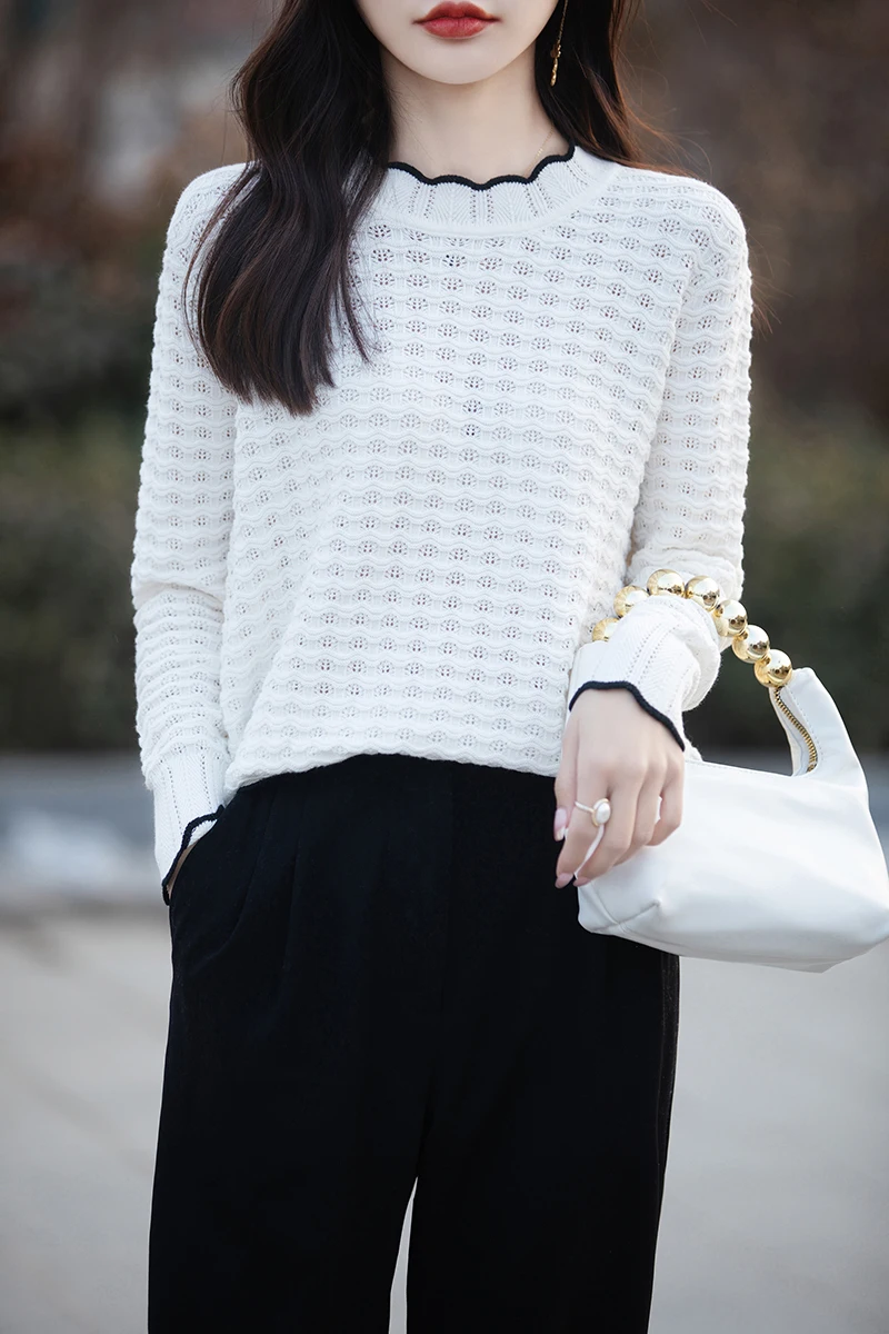 Spring new 100% pure cotton knitted lace ruffle collar with elegant and soft hollow design cuffs, unique women's round neck top