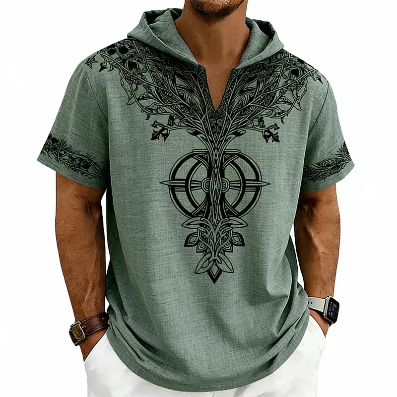 Cross-border men's tree of life print hooded short sleeves, summer bamboo hemp retro ethnic style