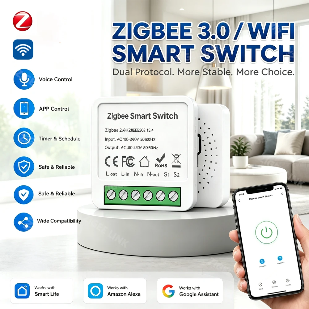Mini Smart Switch WiFi Zigbee3.0 2-Way Relay Breaker Wireless Timing Control DIY Module Voice Linkage Alexa Google Assistant