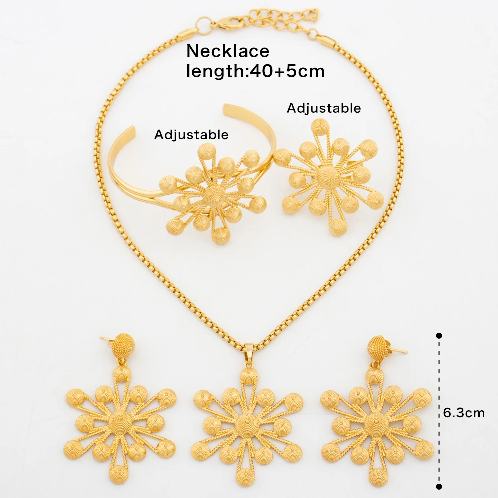 Gold Farbe Schmuck Set Dubai Äthiopische Frauen Ohrringe Anhänger Schneeflocke Halskette Afrikanische Manschette Armband Ring Braut Schmuck Geschenk – Detail 2