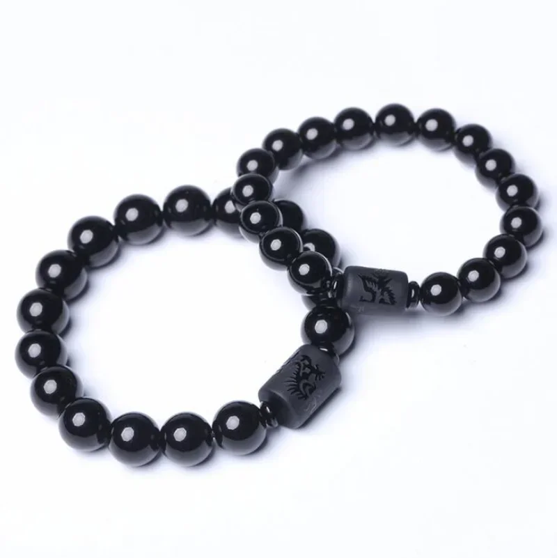 10/12MM Natural Black Obsidian Carved Buddha Lucky Amulet Round Beads Strand Bracelet For Women Men Jewelry Near Year Gift