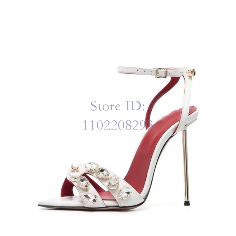 Retro Crystal White Thin High Heels Sandals Round Toe Solid Back Buckle Strap Stiletto Sandals Women Fashion Shows Shoes 2024