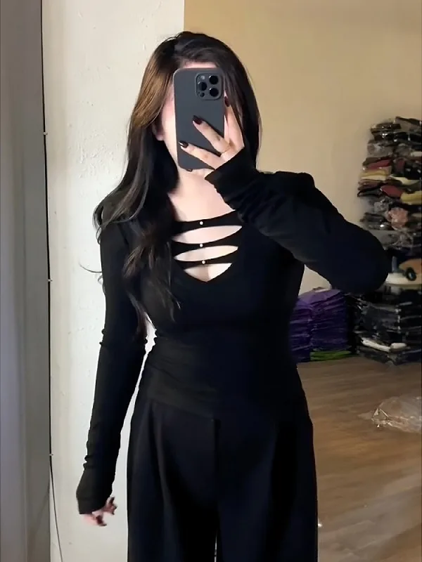 

plus Size Sexy V-Ne Long Sve Hollow out T-irt Women's Autumn Slimming Base irt Spicy Girl Top Faionable Base Layer